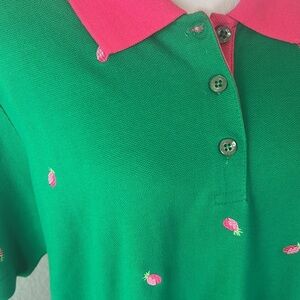 Quacker Factory Green & Pink Polo Shirt with Embroidered Pineapple Detail (XL)